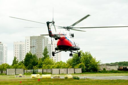 Tyumen, Russia - June 19, 2019: Aircraft repair helicopter UTair Engineering plant. Test flight of MI-8 helicopter aftr repairingのeditorial素材