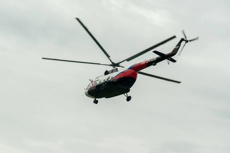 Tyumen, Russia - June 19, 2019: Aircraft repair helicopter UTair Engineering plant. Test flight of MI-8 helicopter after repairingのeditorial素材