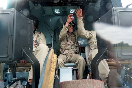Tyumen, Russia - June 19, 2019: Aircraft repair helicopter UTair Engineering plant. Pilots before flight in MI-8 helicopterのeditorial素材