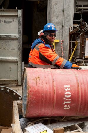 Tobolsk, Russia - May 29. 2018: Sibur company. Construction of plant on processing of hydrocarbons. Workers on construction siteのeditorial素材