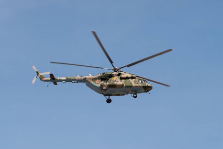 Tyumen, Russia - August 11, 2019: International Army Games. Safe Route contest military helicopter MI-8のeditorial素材
