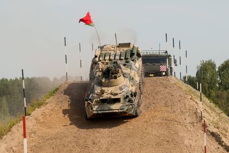 Tyumen, Russia - August 11, 2019: International Army Games. Safe Route contest. Motion of military...
