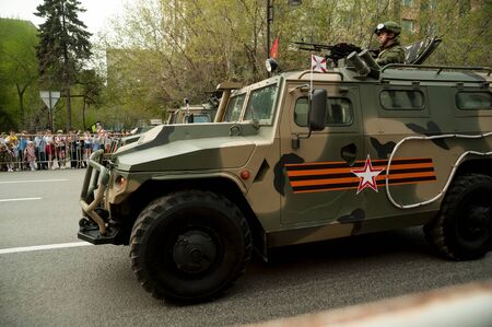 Tyumen, Russia - May 9, 2019: Victory Day. Parade of military equipment. Group of engineering troops...
