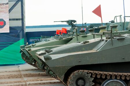 Tyumen, Russia - August 11, 2019: International Army Games. Safe Route contest. Highest military and engineering school ground. Meteorite UR-77 equipment of mine clearing on startのeditorial素材