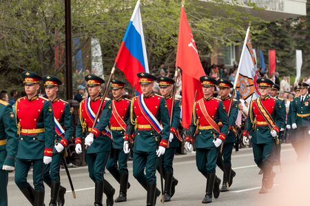 Tyumen, Russia - May 9, 2019: Victory Day Parade. Banner group of russian army division on parade
