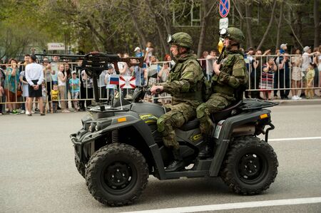 Tyumen, Russia - May 9, 2019: Victory Day. The Military transport moves to the Victory Day's Parade....