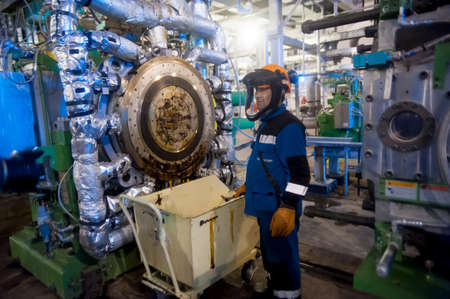 Tobolsk, Russia - July 15. 2016: Sibur company. Tobolsk Polymer plant. Industrial mechanic cleaning...