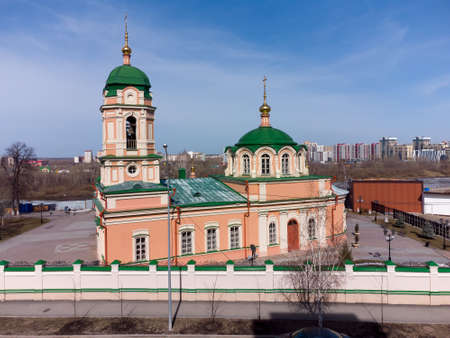 Tyumen, Russia - April 11, 2021: Aerial view onto Ilyinsky temple of Ilyinsky woman convent