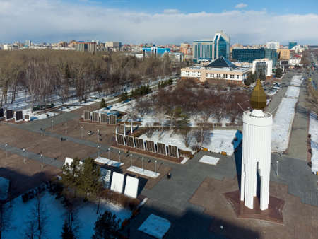 Tyumen, Russia - March 24, 2021: Aerial view on World War II memorial as big firing candleのeditorial素材