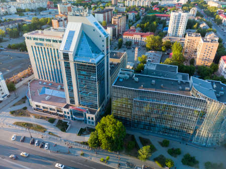 Tyumen, Russia - June 4, 2021: Office building of Gazprom and Respubliki street, Bird eye viewのeditorial素材