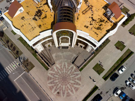 Tyumen, Russia - August 3, 2021: Aerial view on registry office and red building of Kriosfera's institute of Earth of Siberian Branch of Russian Academy of Scienceのeditorial素材