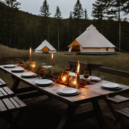 Table set for dinner in the forest at night. Wooden table with glasses, plates, candles and flowers.の素材