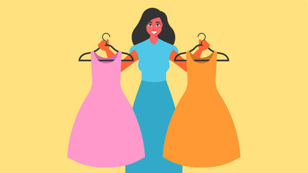 woman choosing the right dress to wear illustrationのイラスト素材