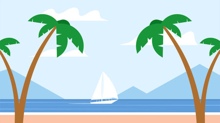 Landscape background of an island with palms and sailing boat illustrationのイラスト素材