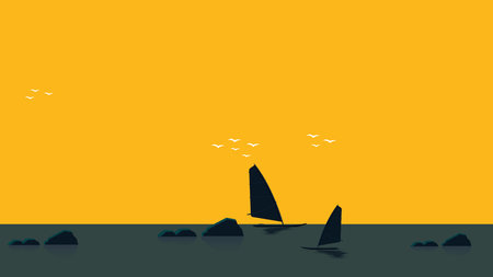sunset ocean view with boats and rafts flat illustrationのイラスト素材