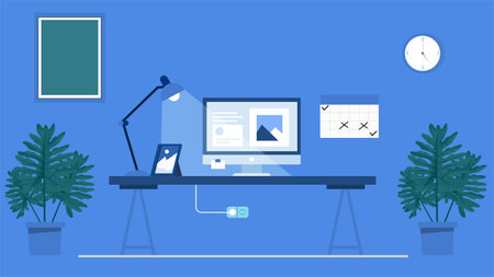 Office interior design cartoon flat illustrationのイラスト素材