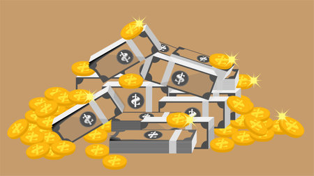 Cash money and golden coins pile illustrationのイラスト素材