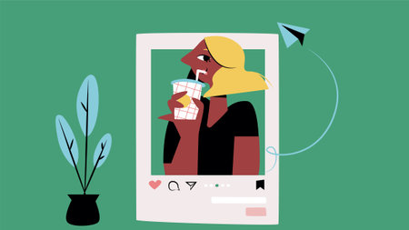 Sharing pictures on social media with like buttons illustrationのイラスト素材