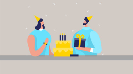 Birthday party with giving gifts to a girl and birthday cake in front