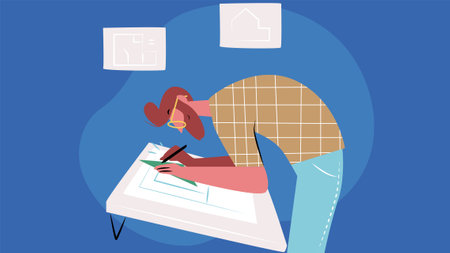 Architect in office drawing on design illustration