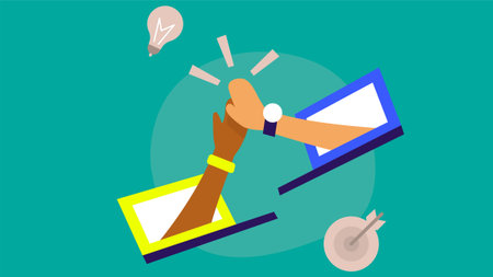 Online collaboration handshake flat illustration