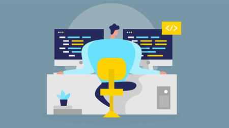 Developer working on an app programming flat designのイラスト素材
