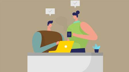 Vector illustration of a man and a woman working on a laptop at home
