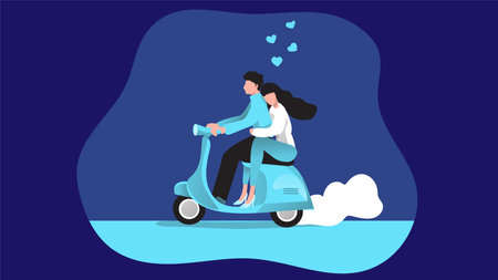 Couple in love riding a scooter. Vector illustration in flat styleのイラスト素材