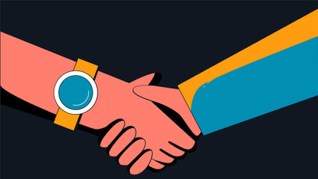 Handshake on blue and orange background. Vector illustration in flat style.のイラスト素材