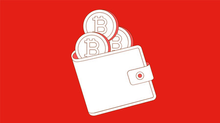 Wallet with bitcoin. Vector illustration in a flat style on a red background.のイラスト素材