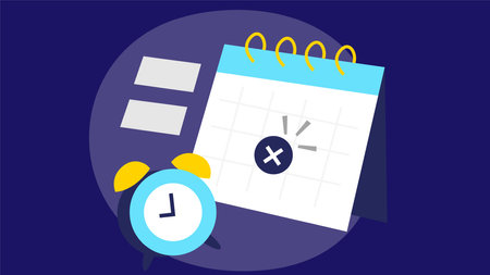 Calendar and alarm clock on blue background. Vector illustration in flat style.