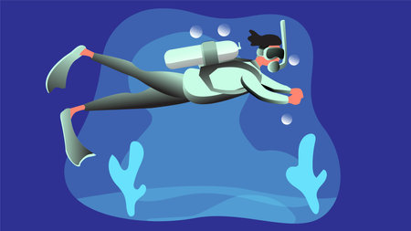 Scuba diving vector illustration. Cartoon scuba diver swimming underwater.のイラスト素材