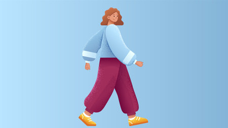 Vector illustration of a girl in a blue sweater and pants walking.のイラスト素材