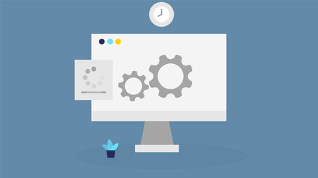Computer with gear on screen. Vector illustration in flat design style.のイラスト素材