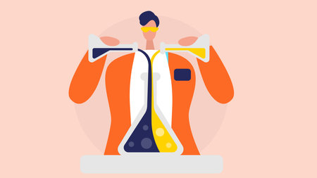 Scientist with flasks. Vector illustration in flat design style.のイラスト素材