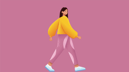 Vector illustration of a girl in a yellow jacket walking on a pink backgroundのイラスト素材