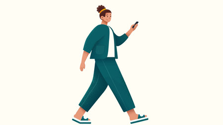 Vector illustration of a girl walking with mobile phone in her hand.のイラスト素材