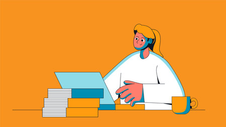 Businesswoman working at the computer. Vector illustration in a flat styleのイラスト素材
