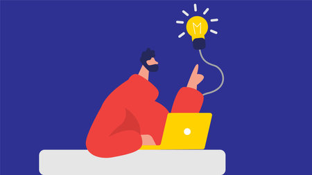 A man with a beard is sitting at a table with a laptop and holding a light bulb in his hand. Flat vector illustration.のイラスト素材