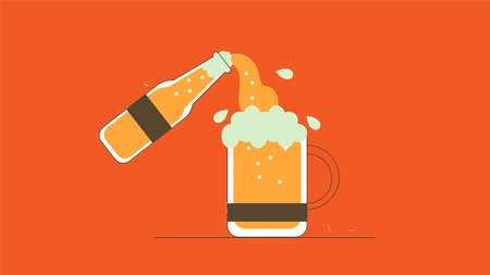 Illustration of a bottle of beer pouring into a glass on an orange backgroundのイラスト素材
