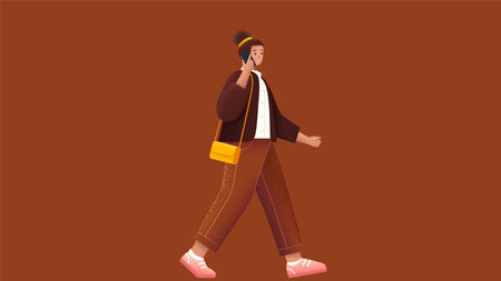 Vector illustration of young man walking and talking on the phone. Flat style.