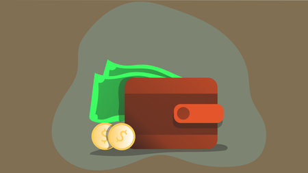 Illustration of a wallet with paper money visibly sticking out, symbolizing financial wealth,...