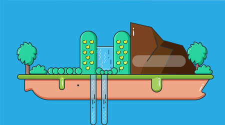Stylized floating island with lush green trees, cascading waterfall, and vibrant bushes, set against a bright sky, creating a serene and fantasy-inspired environmentのイラスト素材