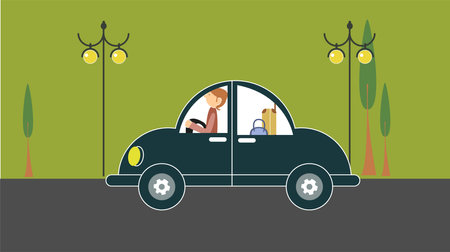 A cartoon-style illustration of a driver steering a car down a street. The scene captures the fun and playful essence of driving in a stylized and colorful wayのイラスト素材