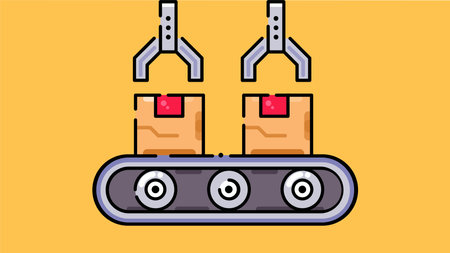 shipping box on a moving conveyor belt with a check mark symbol above itのイラスト素材