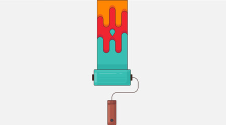 wall paint brush with vibrant colors, painting a wall. The brush, dipped in colorful paint, is shown mid-action, adding a creative touchのイラスト素材