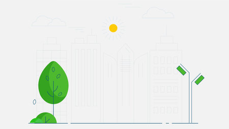 Outlined illustration of a city background featuring green trees and street lights, creating a simple urban landscapeのイラスト素材