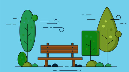 A peaceful garden bench placed among green trees under a clear blue sky, offering a relaxing outdoor setting ideal for rest, reflection, and enjoying natureのイラスト素材