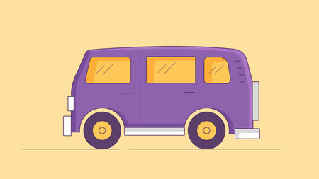 Illustration of a micro bus van driving on a street with a city or neighborhood background, representing urban transportation and compact travel vehicles in motion.のイラスト素材