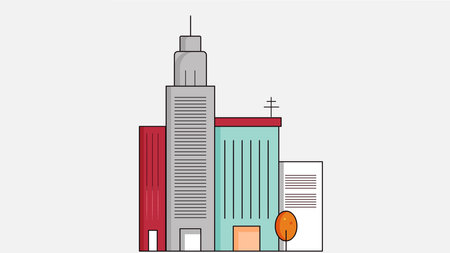 A cityscape illustration featuring tall buildings lining the street, showcasing the urban environment with detailed architectureのイラスト素材